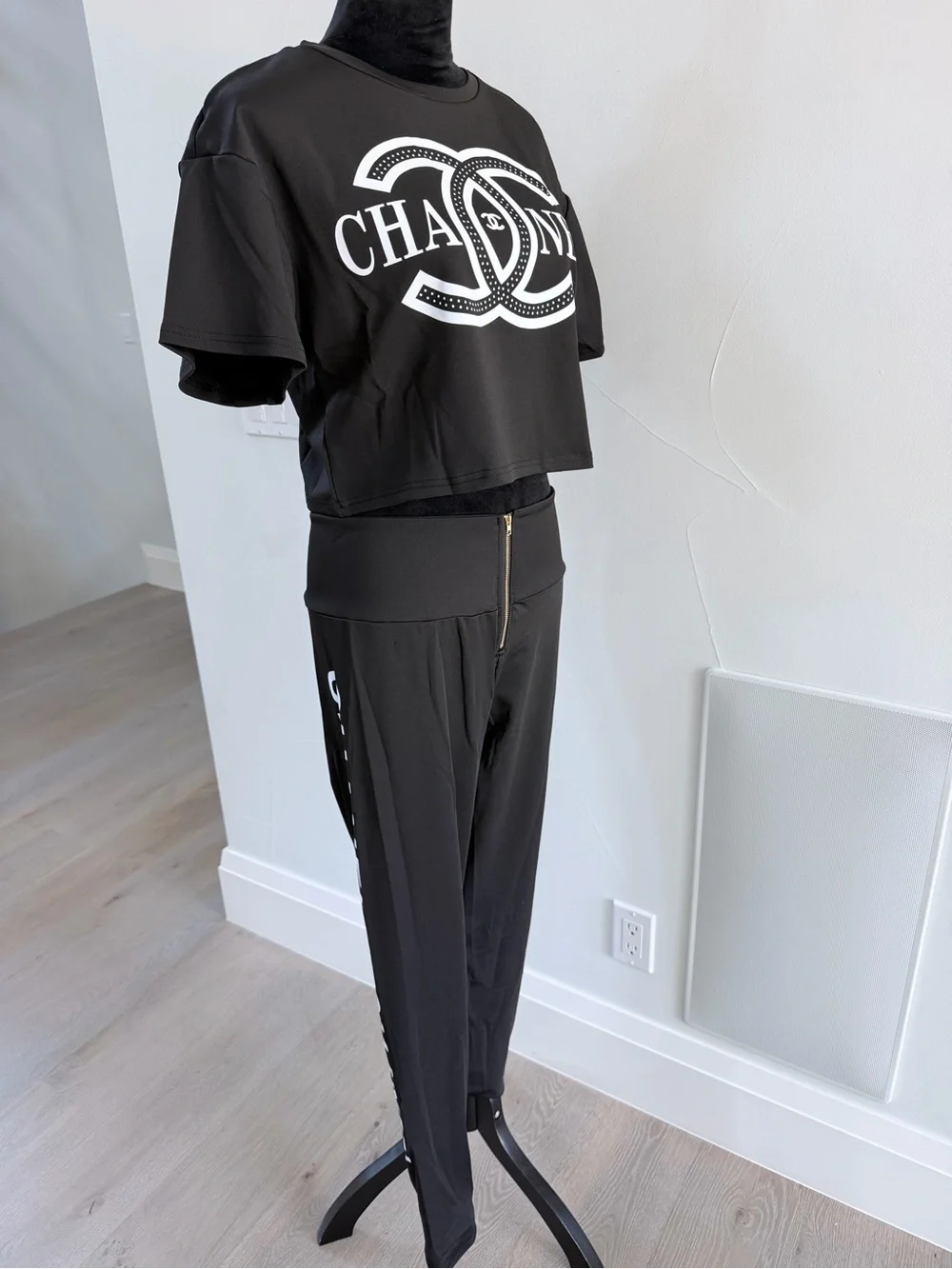 Chanel Black Logo Cropped Top & High-Waist Pants Set size L